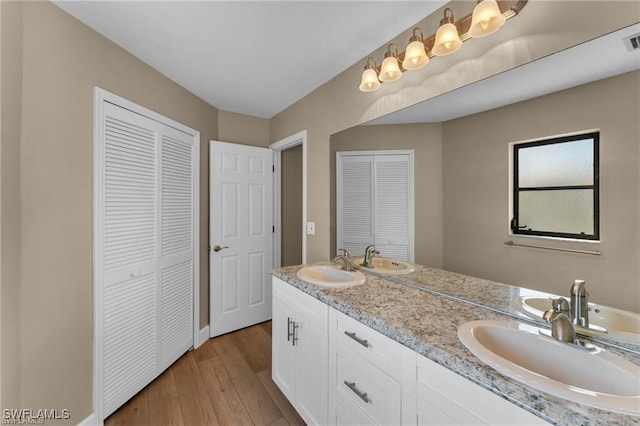 bathroom featuring hardwood / wood-style flooring and vanity