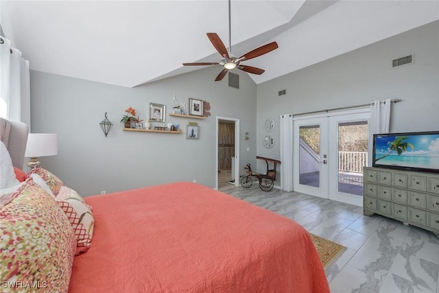 bedroom featuring high vaulted ceiling, access to outside, ceiling fan, and french doors