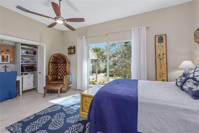 tiled bedroom featuring access to exterior and ceiling fan