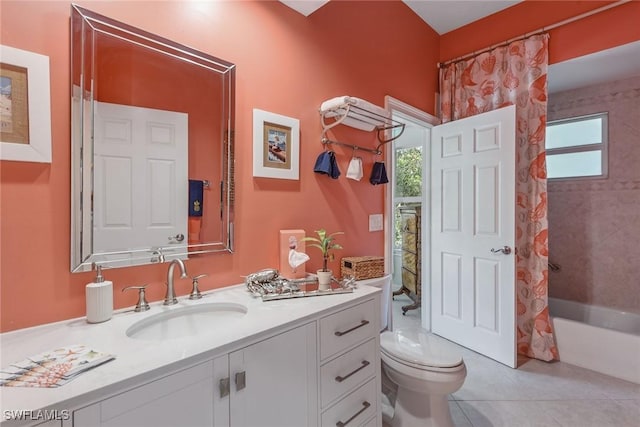 full bathroom featuring shower / bathtub combination with curtain, vanity, tile patterned floors, and toilet