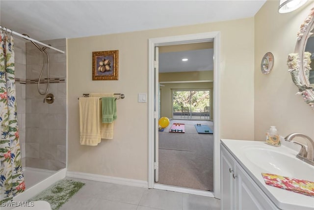 bathroom with vanity, tile patterned flooring, and a shower with shower curtain