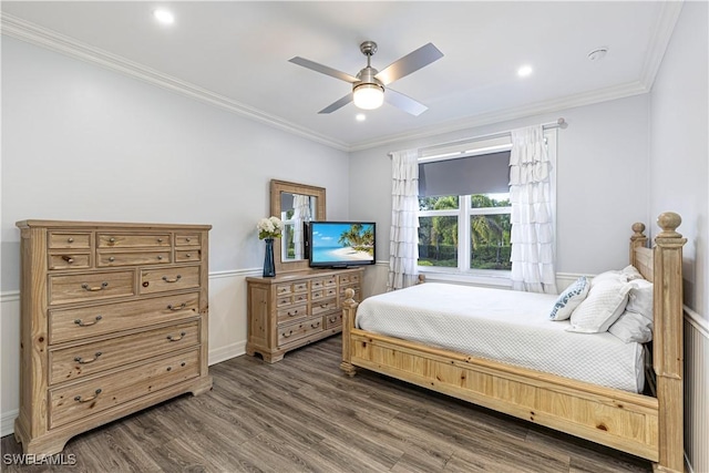 1801 Senegal Date Dr, Naples, FL 34119 - bedroom featuring dark wood-style flooring, crown molding, recessed lighting, and ceiling fan