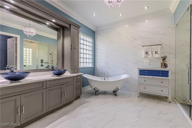 bathroom with independent shower and bath, crown molding, vanity, and a chandelier