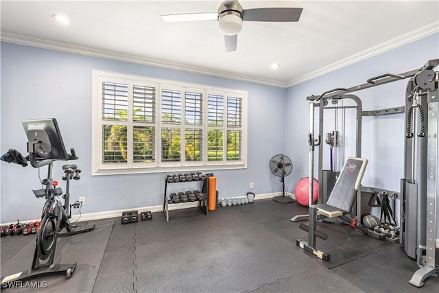 workout area with ornamental molding and ceiling fan