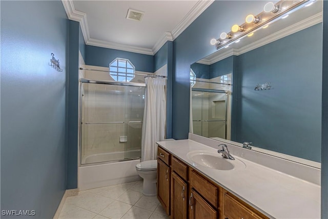 full bathroom with tile patterned flooring, ornamental molding, vanity, toilet, and bathing tub / shower combination