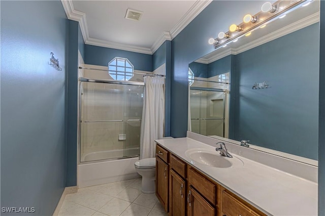 1801 Senegal Date Dr, Naples, FL 34119 - bathroom with shower / bathtub combination with curtain, tile patterned flooring, vanity, toilet, and ornamental molding