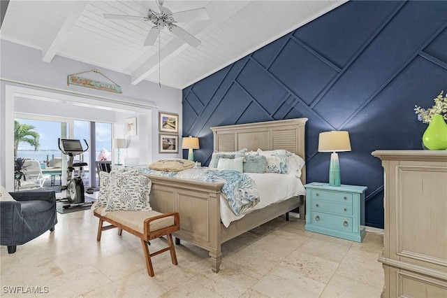 bedroom featuring vaulted ceiling with beams, a decorative wall, ceiling fan, access to outside, and wooden ceiling