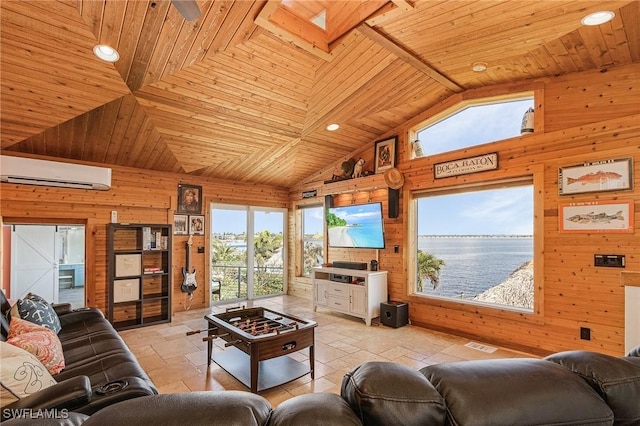 living area with high vaulted ceiling, wooden ceiling, wooden walls, and a wall mounted AC