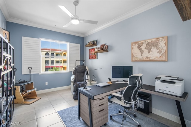 tiled home office featuring crown molding and ceiling fan