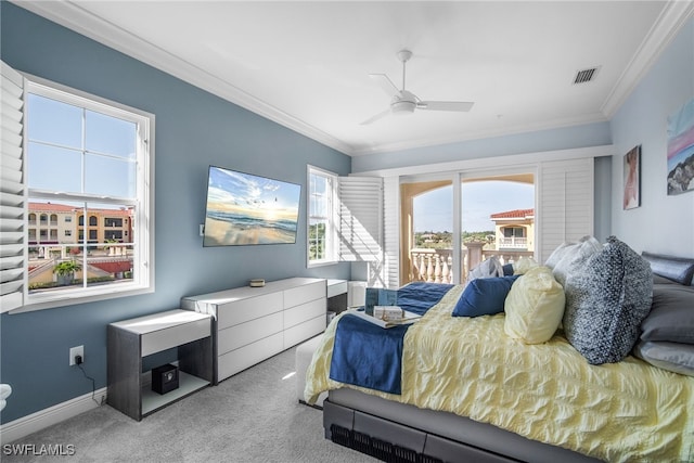 bedroom with access to exterior, crown molding, ceiling fan, and carpet flooring