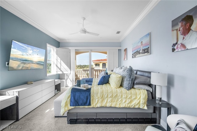 carpeted bedroom featuring access to exterior, ornamental molding, and ceiling fan