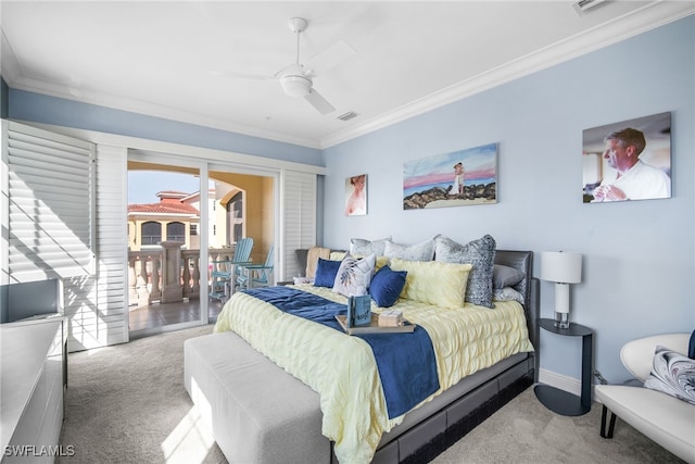 bedroom featuring light carpet, access to outside, ornamental molding, and ceiling fan