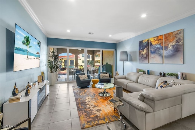 tiled living room with ornamental molding