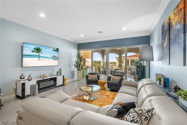 living room with light tile patterned floors and crown molding