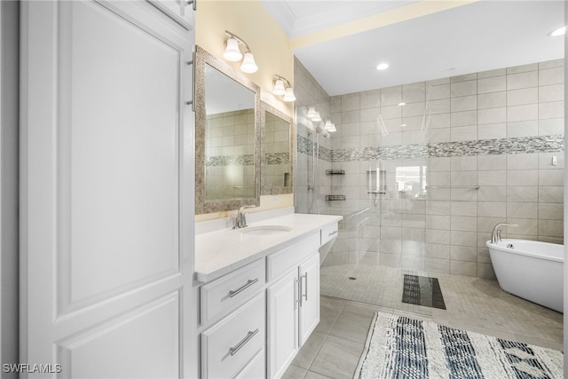 bathroom with independent shower and bath, tile walls, tile patterned flooring, vanity, and crown molding