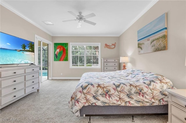 bedroom featuring ceiling fan, ornamental molding, access to exterior, and light carpet