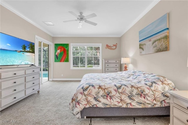 12560 Wildcat Cove Cir, Estero, FL 33928 - carpeted bedroom with crown molding, access to exterior, baseboards, and a ceiling fan