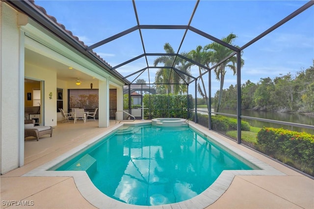 view of swimming pool with a water view, an in ground hot tub, a lanai, and a patio area