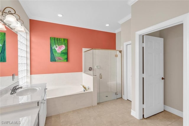 bathroom featuring crown molding, tile patterned floors, separate shower and tub, and vanity