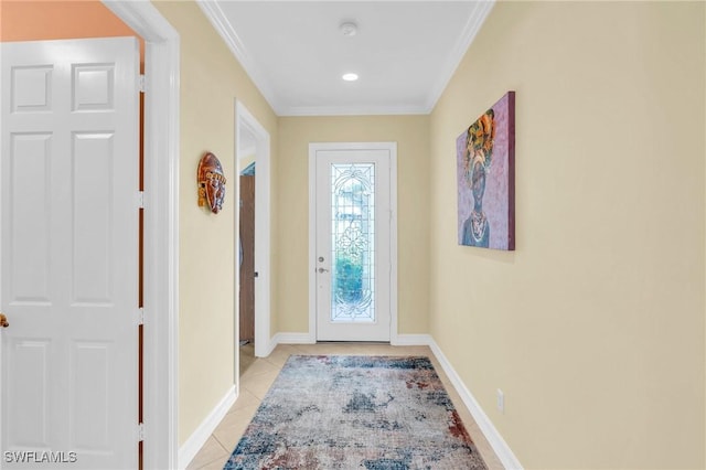 doorway to outside with crown molding and light tile patterned floors