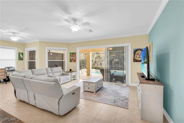 tiled living room featuring crown molding and ceiling fan