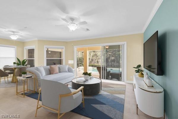 12560 Wildcat Cove Cir, Estero, FL 33928 - living area with ceiling fan and crown molding