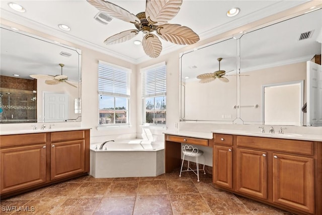 bathroom featuring ornamental molding, vanity, and ceiling fan