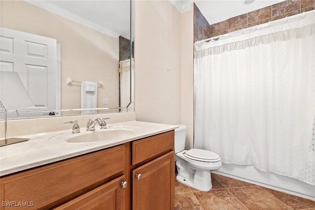 full bathroom with crown molding, vanity, shower / bath combination with curtain, tile patterned floors, and toilet