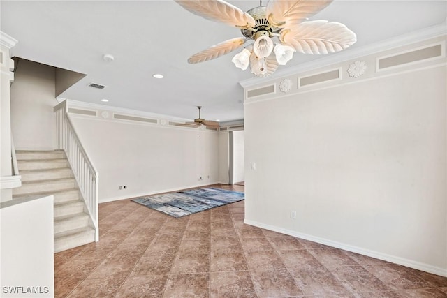 unfurnished living room featuring ornamental molding and ceiling fan