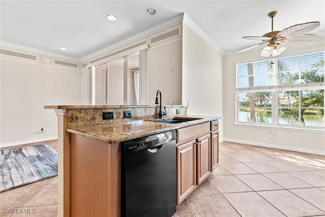 kitchen featuring sink, black dishwasher, a water view, light stone countertops, and ornamental molding