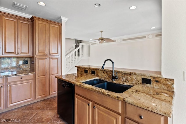 kitchen with black dishwasher, sink, ornamental molding, ceiling fan, and light stone countertops