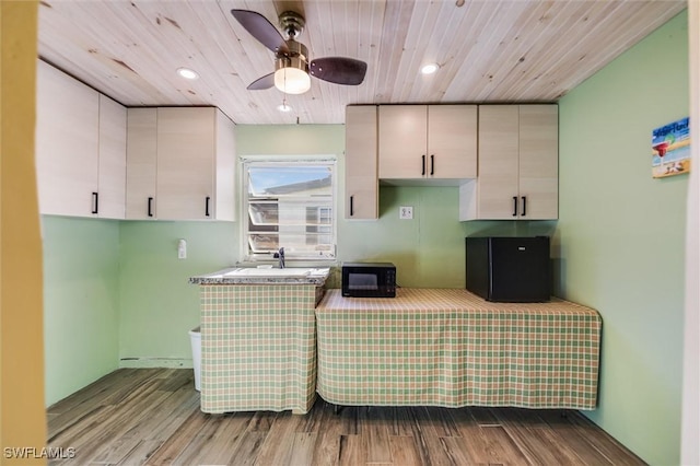 kitchen with white cabinetry, wood ceiling, and light hardwood / wood-style floors