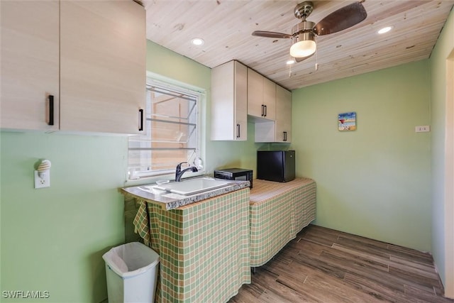 kitchen with sink, ceiling fan, hardwood / wood-style floors, wooden ceiling, and kitchen peninsula