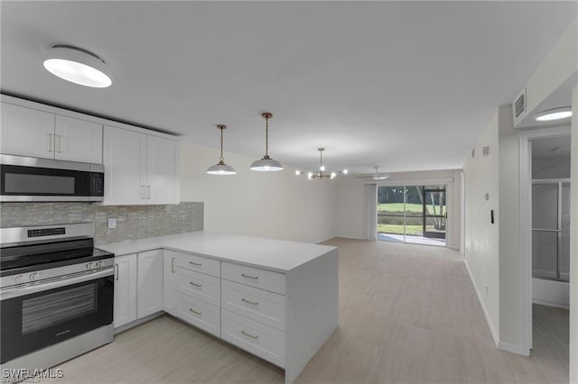 kitchen with white cabinetry, appliances with stainless steel finishes, kitchen peninsula, pendant lighting, and decorative backsplash