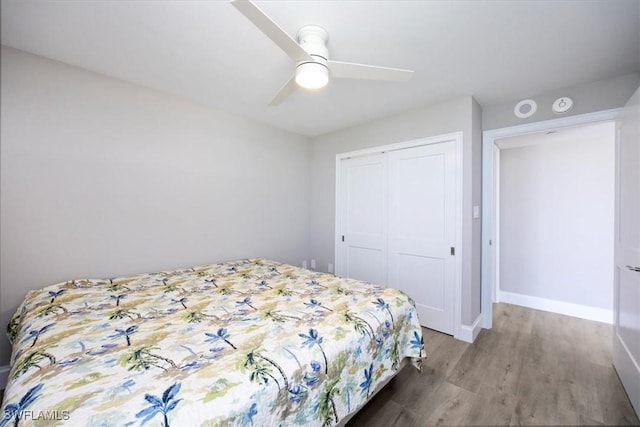 bedroom with wood-type flooring, a closet, and ceiling fan