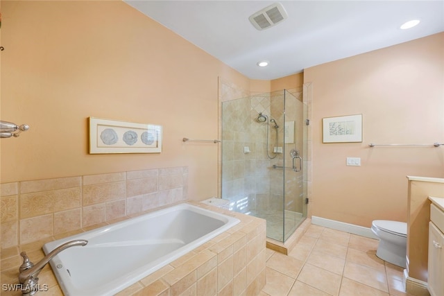 full bathroom featuring tile patterned floors, vanity, toilet, and plus walk in shower