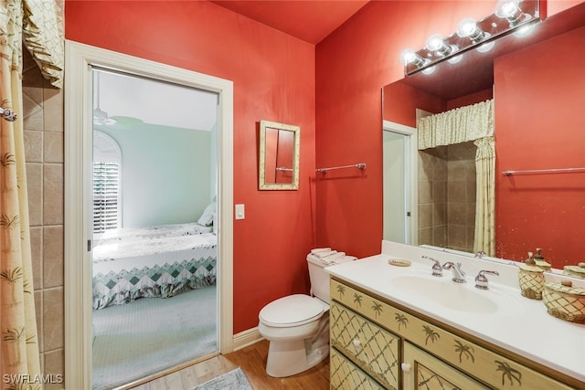 bathroom with vanity, wood-type flooring, toilet, and walk in shower