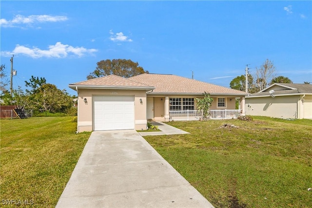 ranch-style house with stucco siding, covered porch, an attached garage, driveway, and a front lawn