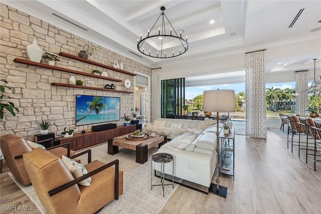 living room featuring crown molding, light hardwood / wood-style flooring, a notable chandelier, a tray ceiling, and beamed ceiling