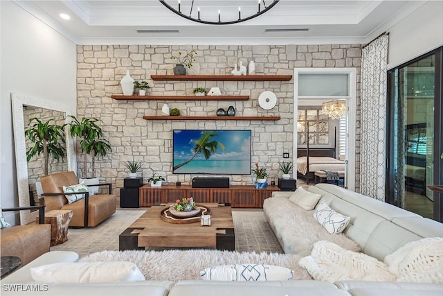 living room with ornamental molding