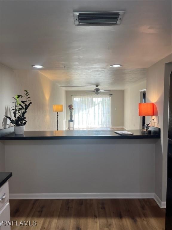 kitchen with ceiling fan and dark hardwood / wood-style flooring