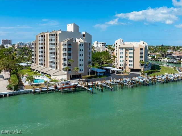 water view featuring a dock