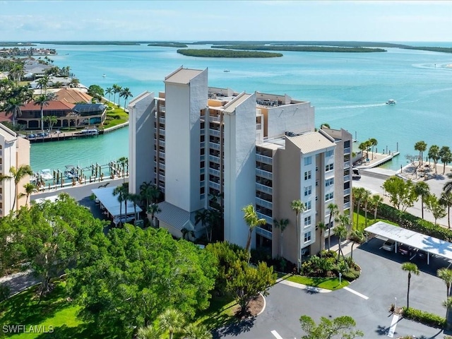 drone / aerial view with a water view