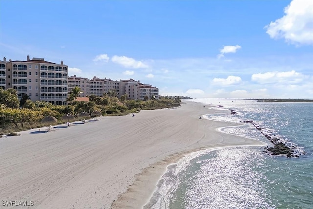 property view of water featuring a beach view