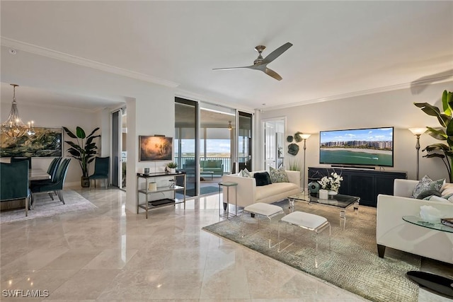 living room with crown molding and ceiling fan with notable chandelier