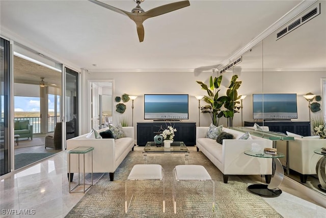 living room featuring crown molding and ceiling fan