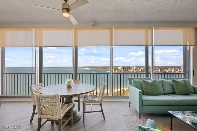 sunroom / solarium featuring a water view and ceiling fan