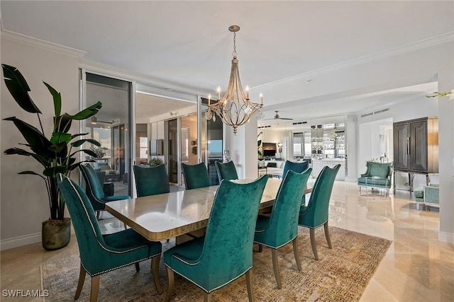 dining area featuring an inviting chandelier and ornamental molding