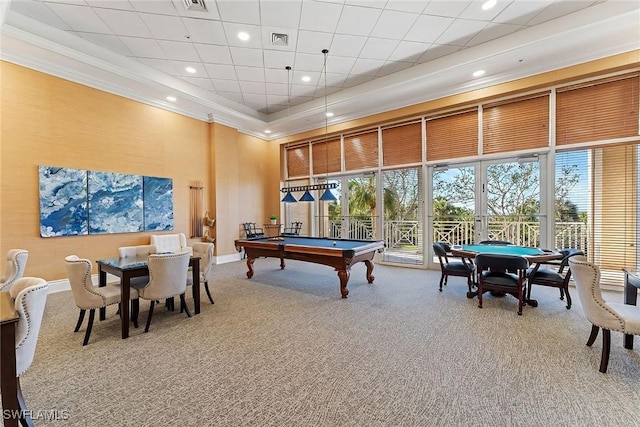 playroom with a high ceiling, ornamental molding, carpet floors, and billiards