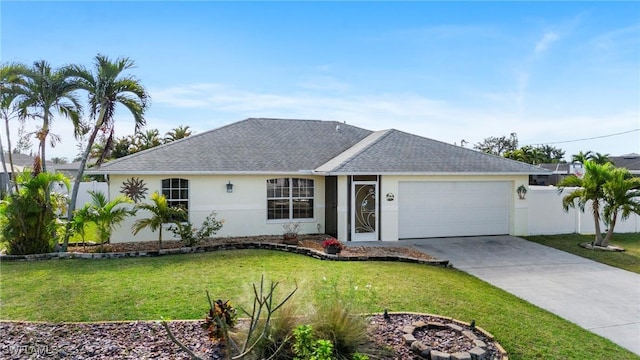 ranch-style house featuring a garage and a front lawn